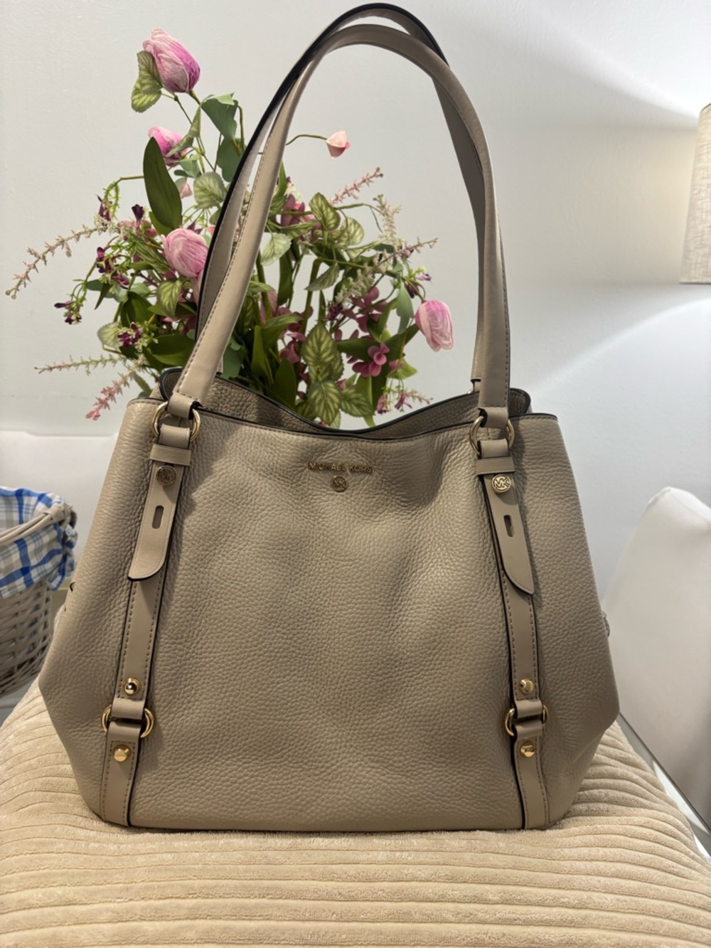 Michael Kors Pebbled Leather Shoulder Bag in Taupe with Dust Bag